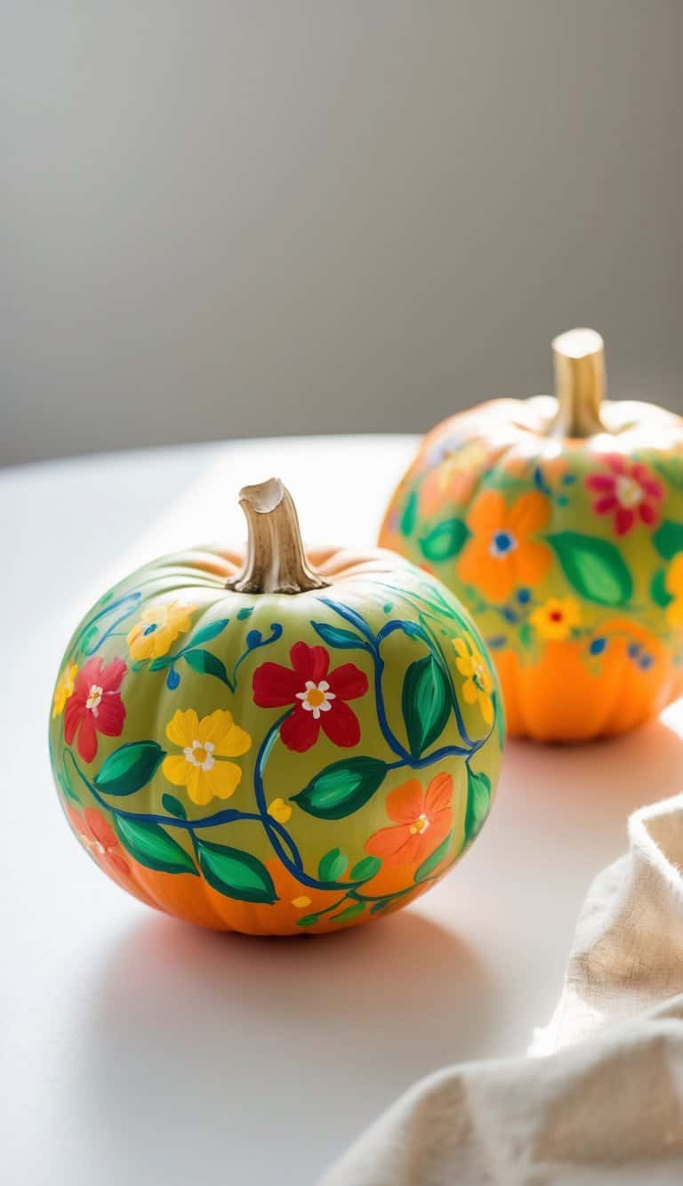 One or two small pumpkins painted with colorful floral vine patterns placed on a clean tabletop under soft daylight.