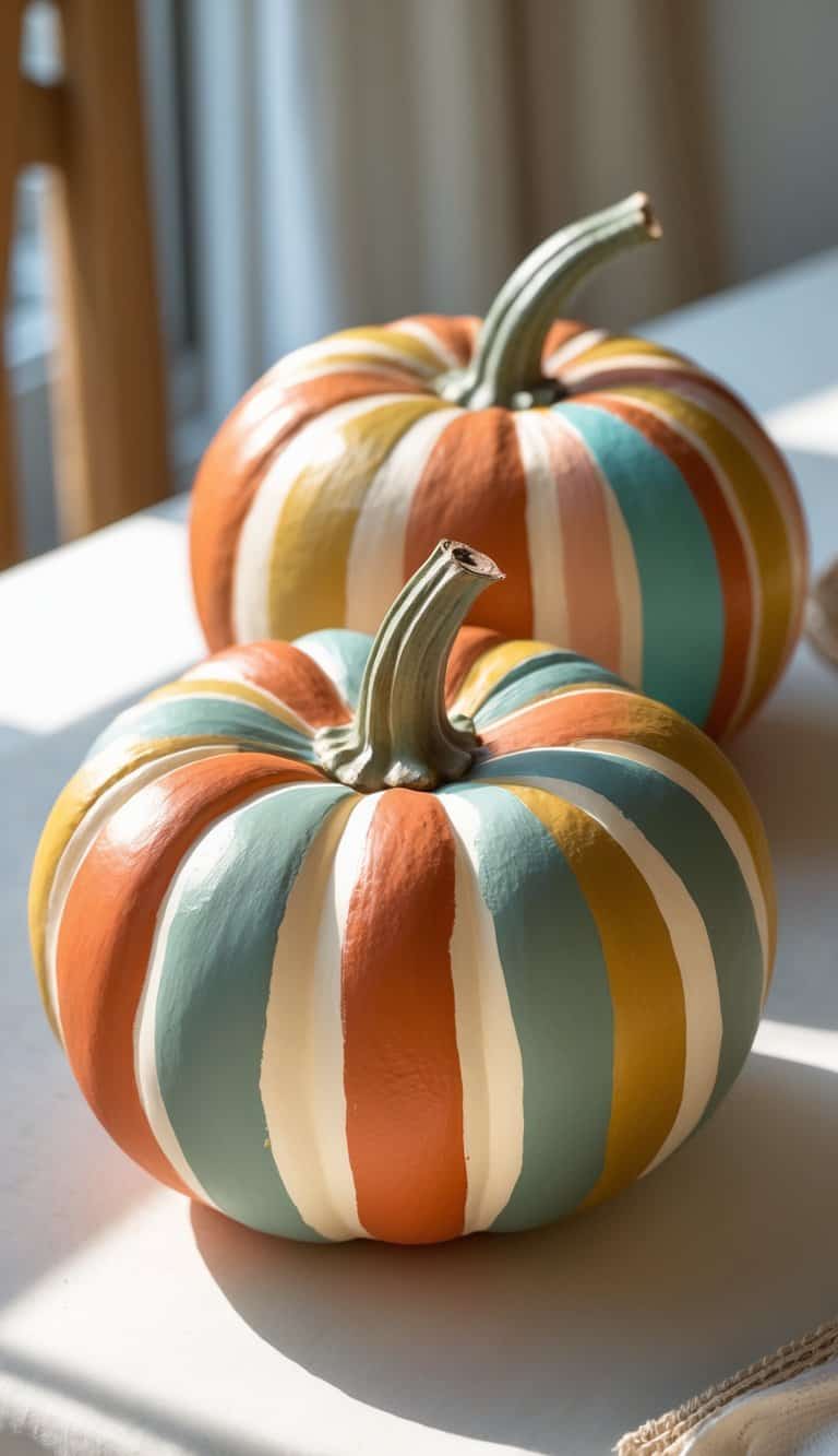 Close-up of one to two pumpkins painted with colorful stripes in earth tones on a simple tabletop.