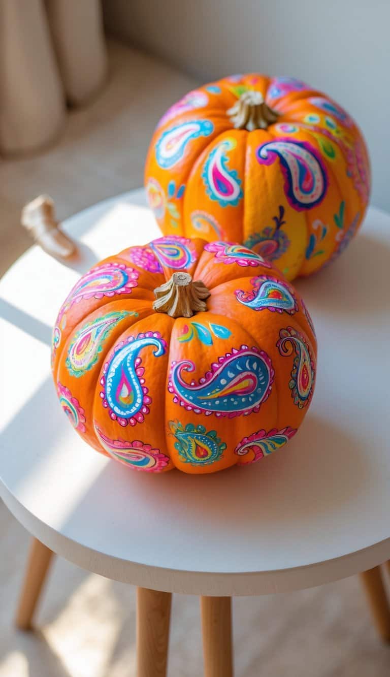 Close-up of one to two pumpkins painted with colorful paisley swirl patterns on a clean tabletop.