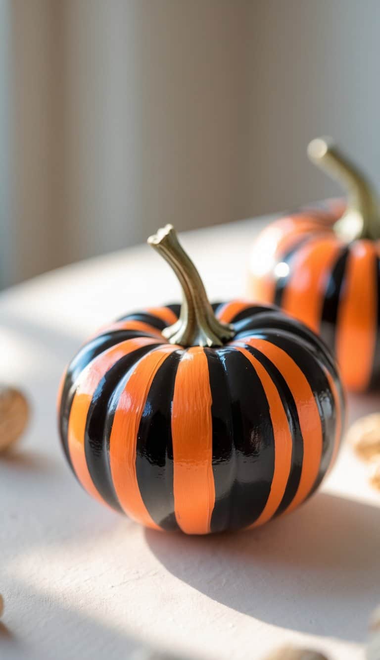 One to two small painted pumpkins with black and orange stripes on a tabletop.