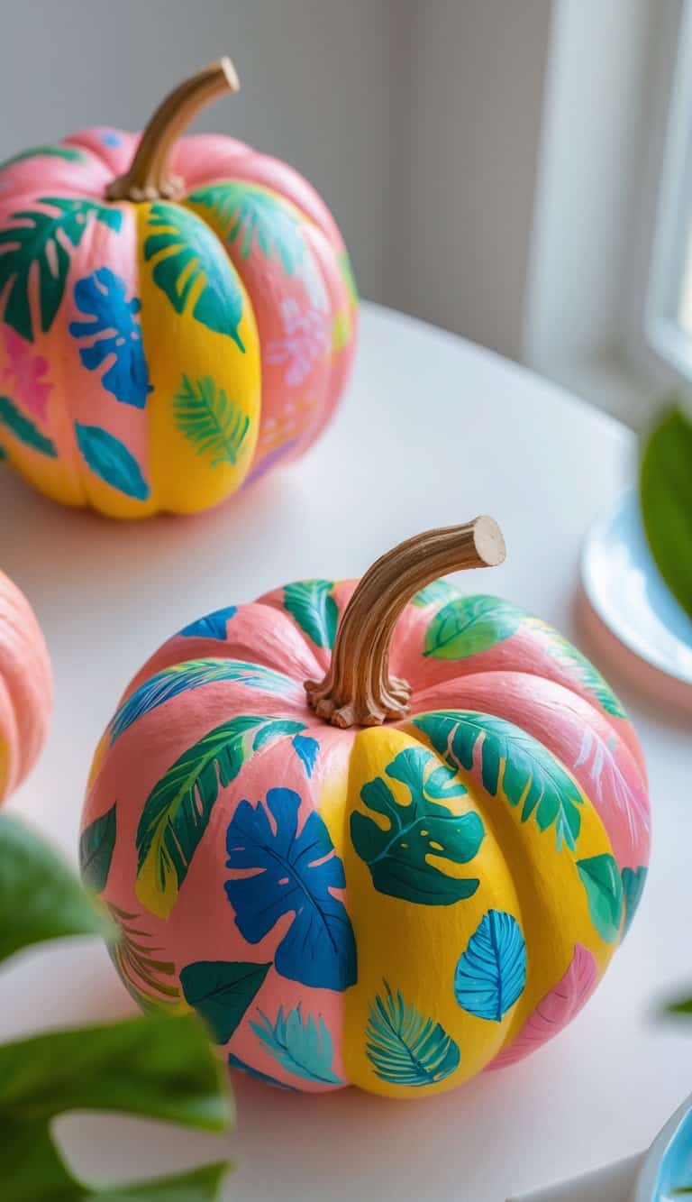 Close-up image of one to two pumpkins painted with colorful tropical leaf designs on a clean tabletop under soft natural light.