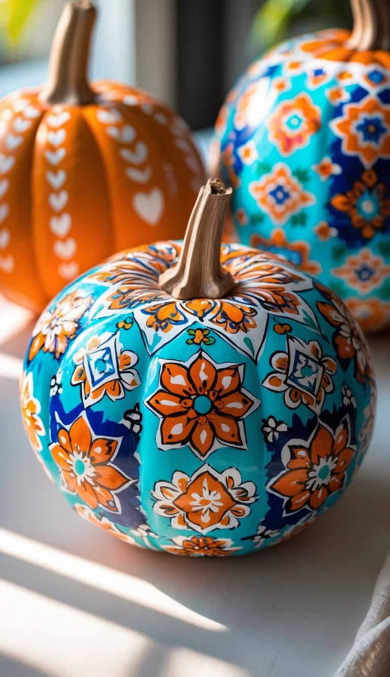 Close-up of one to two pumpkins painted with colorful Moroccan tile patterns on a clean tabletop.