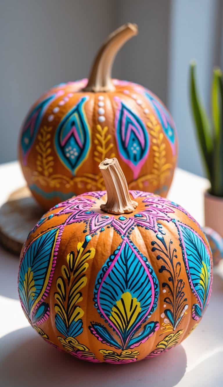Close-up of one to two pumpkins painted with colorful henna-style doodles on a clean tabletop.