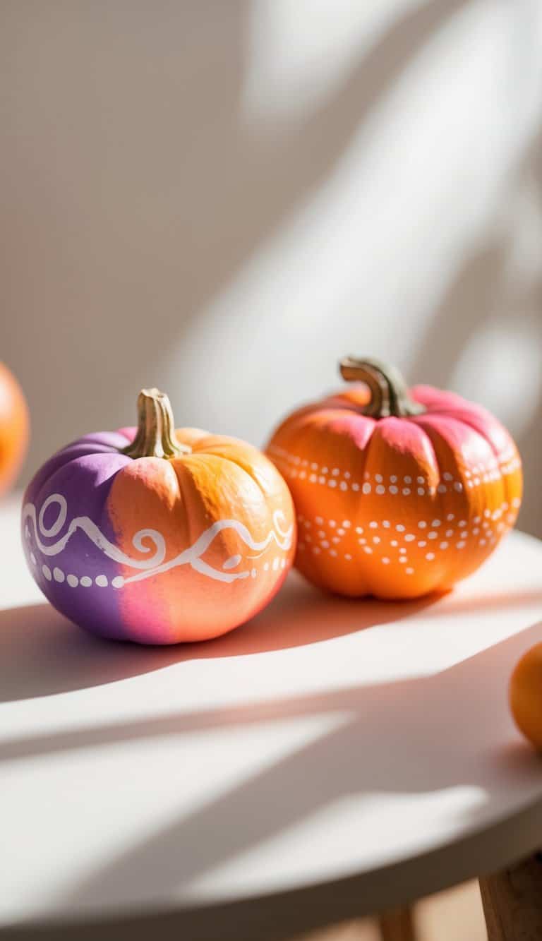 Close-up of one to two mini pumpkins painted with warm sunset colors on a clean tabletop.