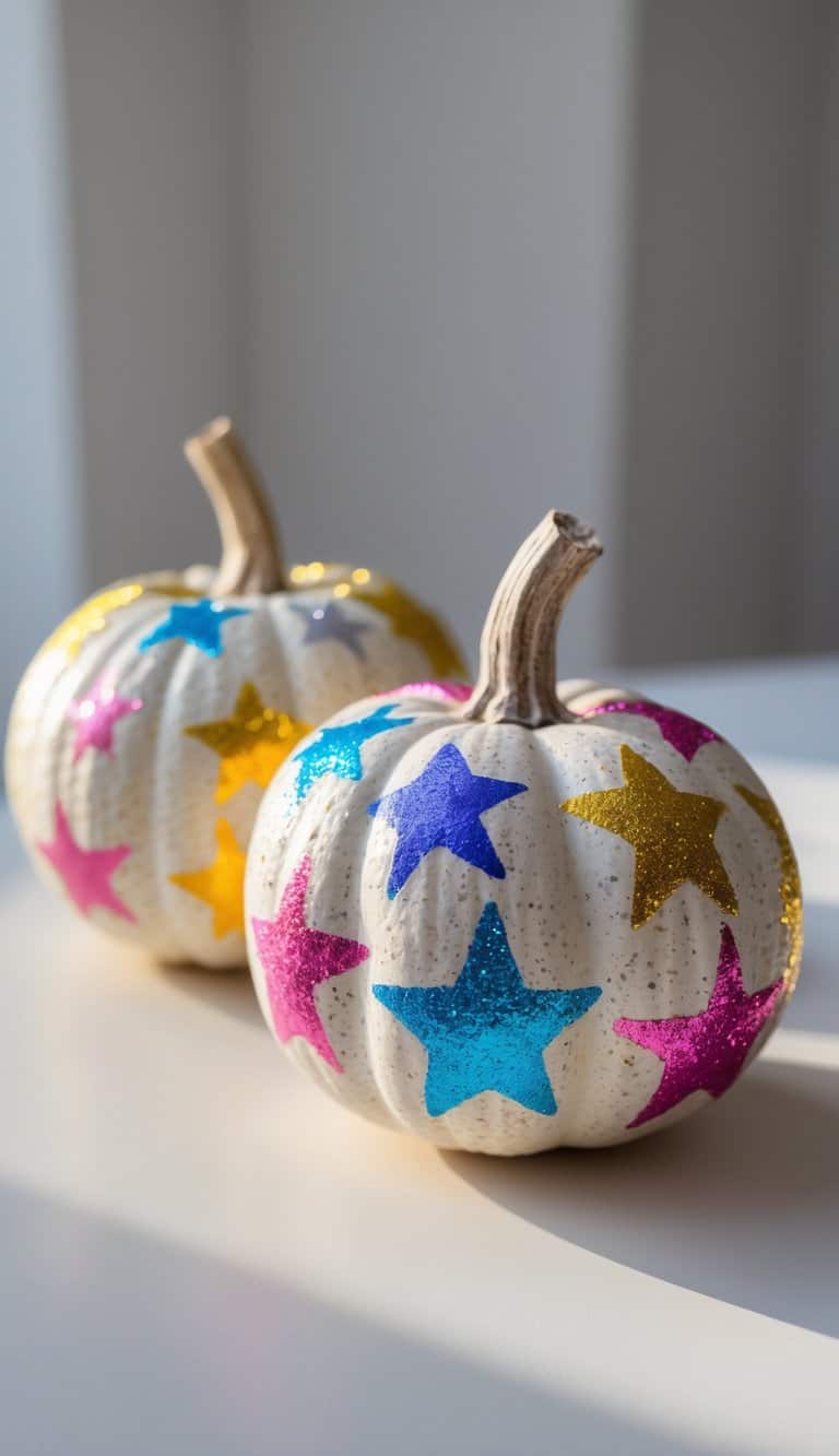 One or two small pumpkins painted with colorful glittery stars placed on a clean tabletop.