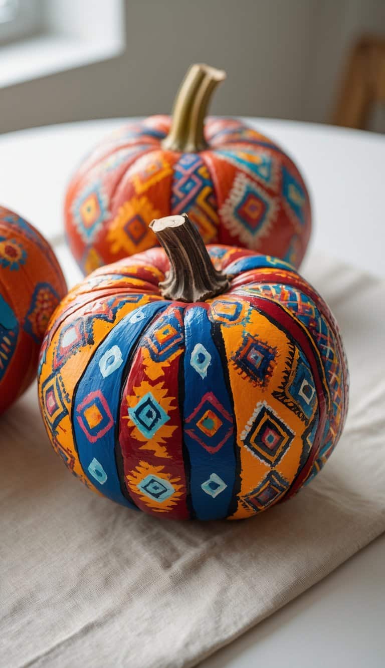 Close-up of one to two pumpkins painted with colorful tribal-inspired patterns on a clean tabletop.