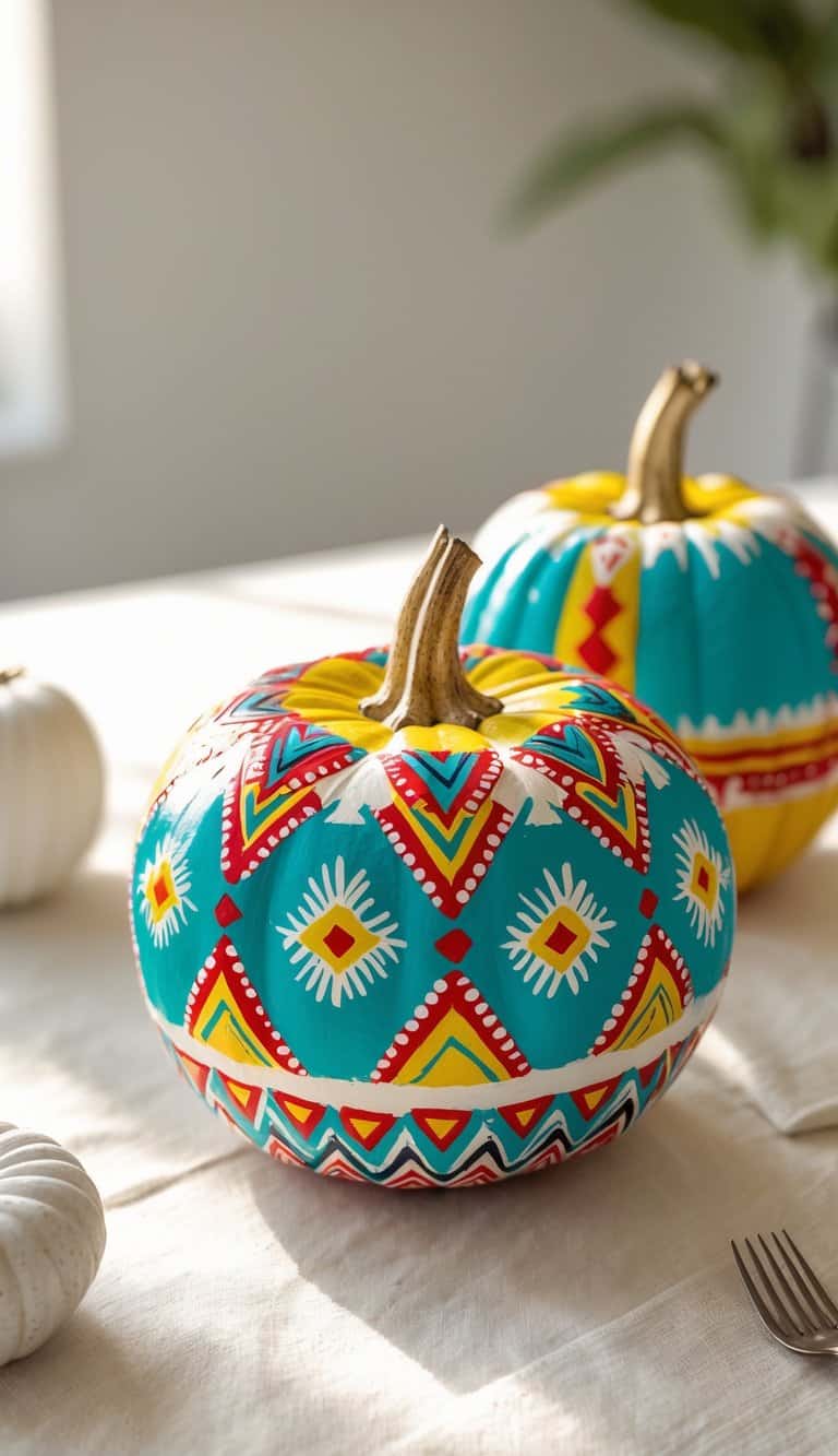 One or two pumpkins on a table painted with colorful Native American symbols and geometric patterns.