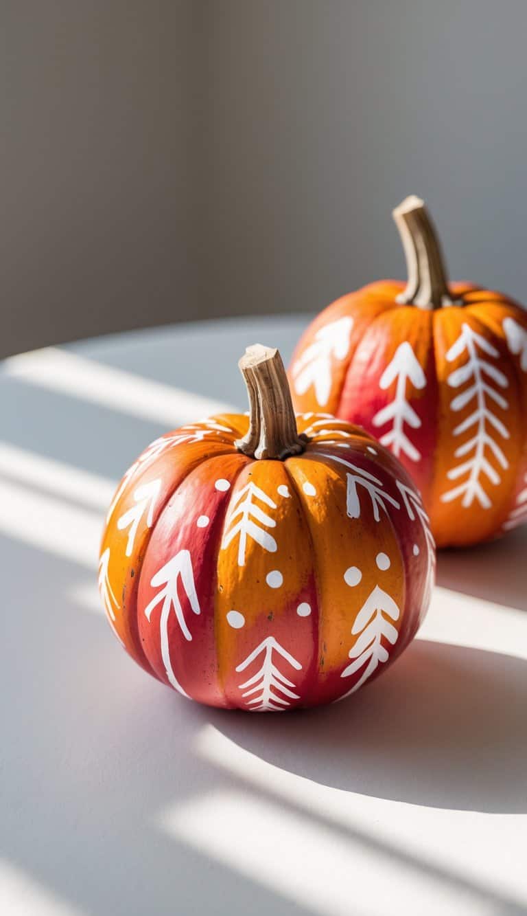 Close-up of one to two small pumpkins painted with colorful arrows and dots on a plain tabletop.