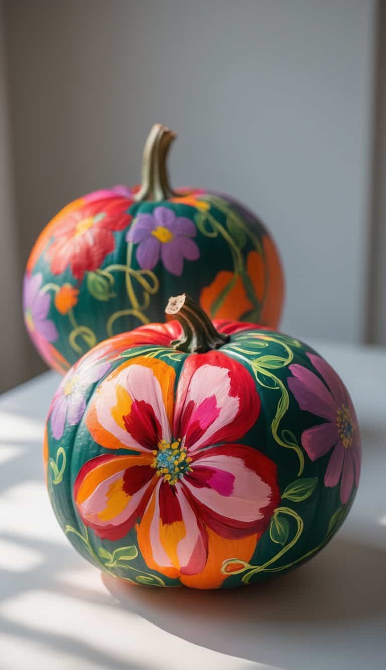 Close-up of one to two pumpkins painted with large colorful flowers and vines placed on a tabletop.