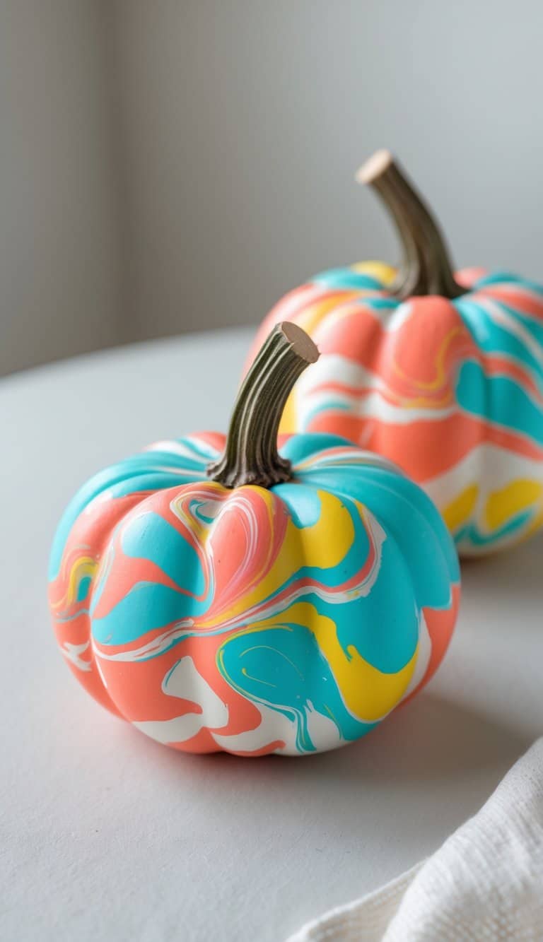 Close-up view of one to two small pumpkins painted with colorful marble patterns on a tabletop.