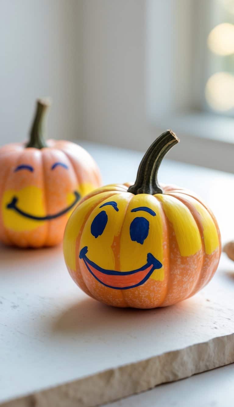 One to two small pumpkins painted with simple smiley faces sitting on a table.