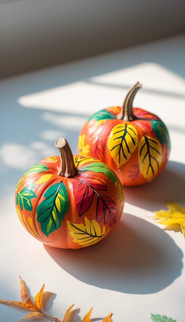 Close-up of one to two small pumpkins painted with colorful fall leaves, placed on a clean tabletop.