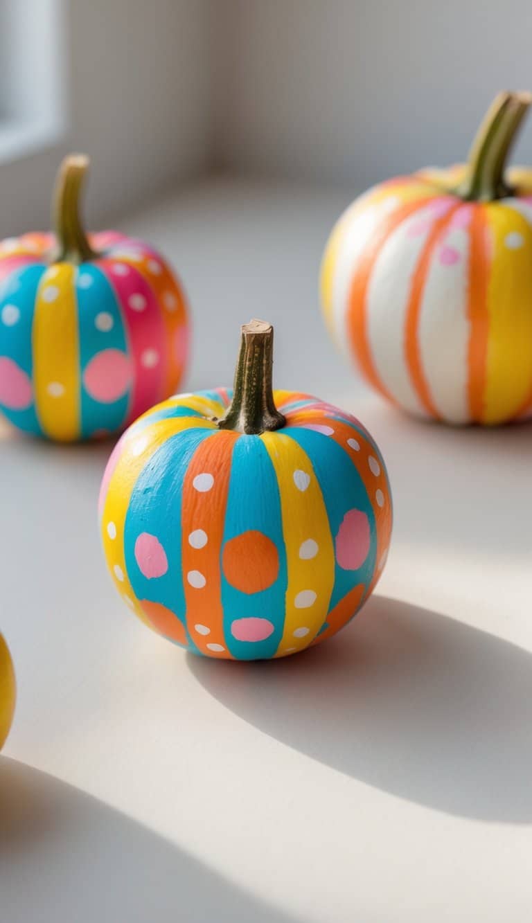 Close-up of one to two small pumpkins painted with colorful polka dots and stripes on a clean tabletop.