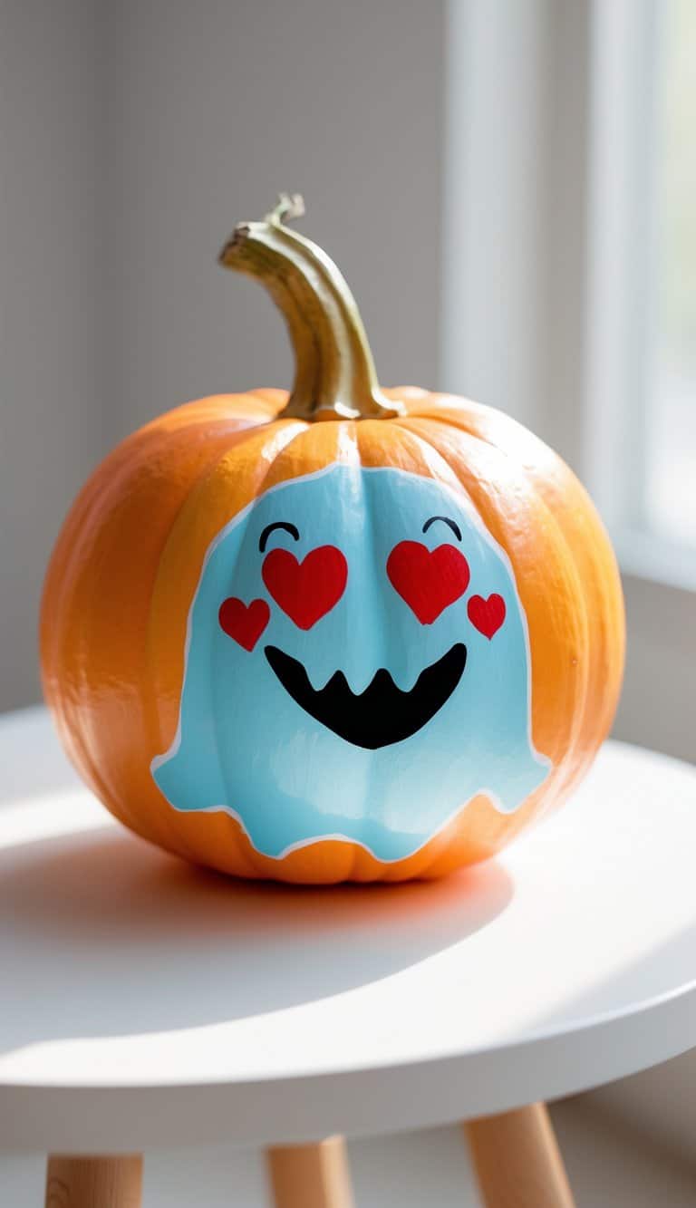 Close-up of one to two painted pumpkins with ghost faces and heart-shaped eyes on a tabletop.