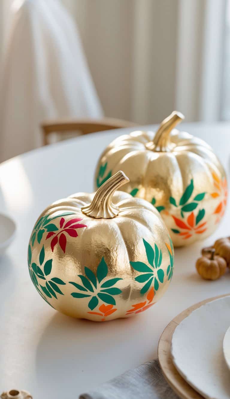 One or two metallic gold pumpkins with colorful leafy stencil designs on a clean tabletop.