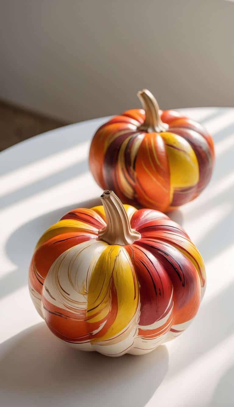 Close-up of one to two pumpkins painted with swirling autumn colors on a clean tabletop.