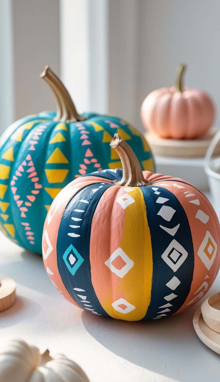 One to two pumpkins painted with bright geometric patterns on a tabletop with soft daylight and a clean background.