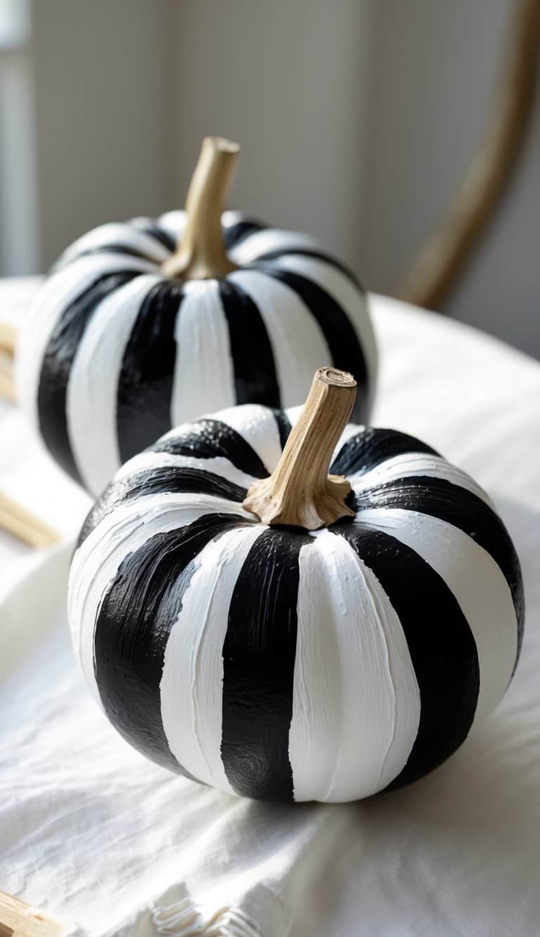 Close-up of one or two pumpkins painted with black and white stripes on a tabletop.