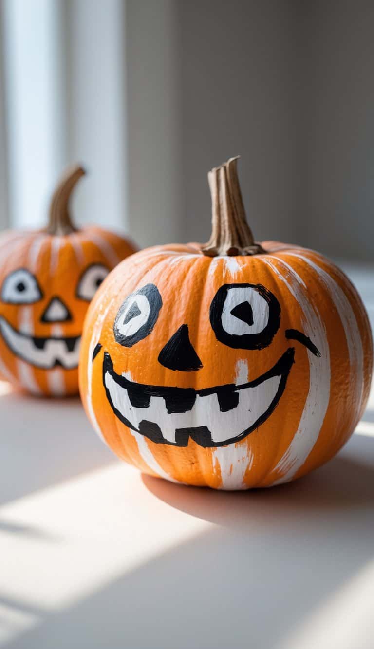 One to two pumpkins painted with classic jack-o'-lantern faces displayed on a tabletop.