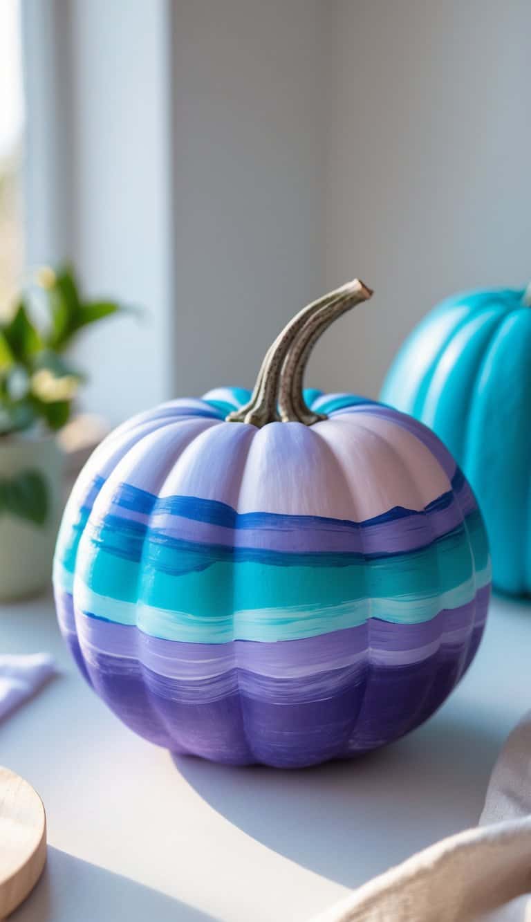 Close-up of one to two pumpkins painted with colorful ombre designs on a clean tabletop.