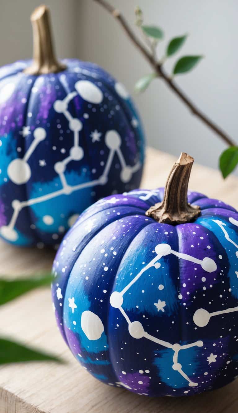 Close-up of one to two pumpkins painted with colorful constellation patterns on a wooden tabletop.