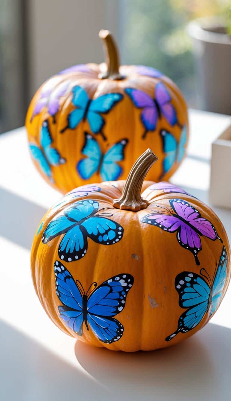 One to two pumpkins painted with colorful butterfly designs on a tabletop.