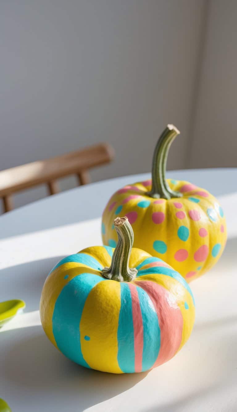 One to two small painted pumpkins with colorful designs placed on a wooden tabletop.