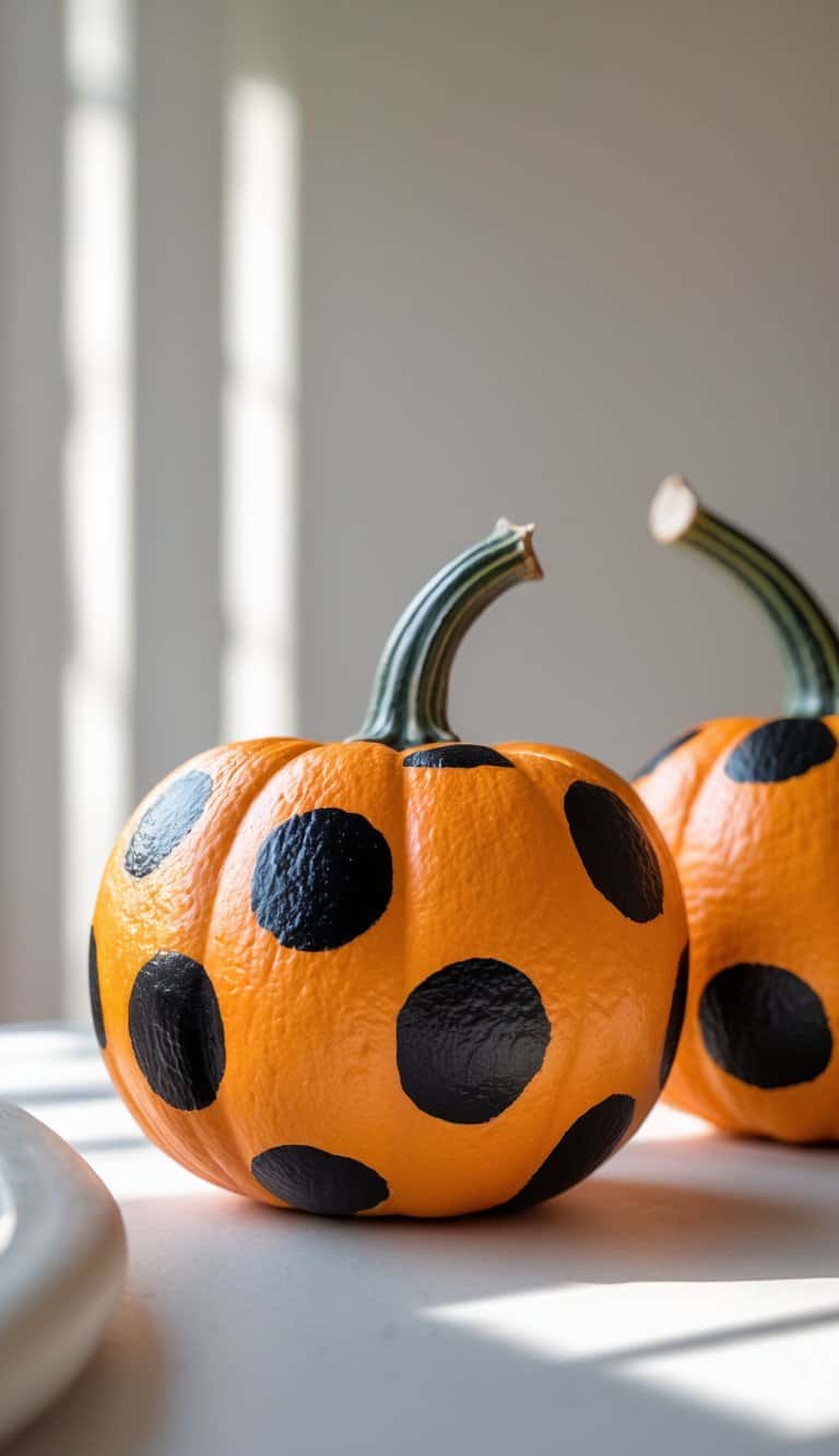 One to two orange pumpkins painted with black polka dots on a clean tabletop.