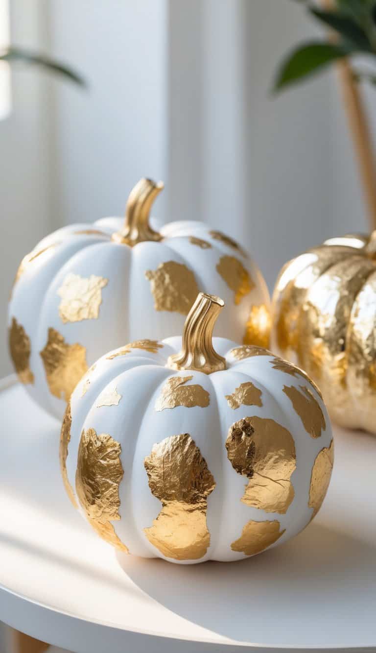 Close-up of one to two white pumpkins decorated with gold leaf accents on a tabletop.