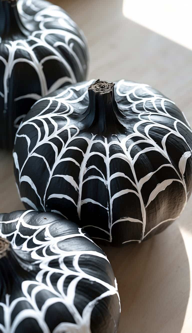 Close-up of one or two black pumpkins painted with white spiderweb designs on a plain tabletop.