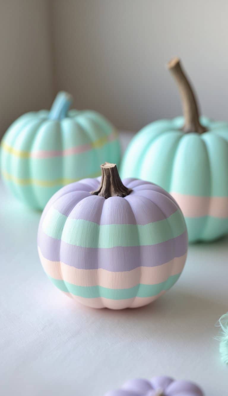 One to two small pumpkins painted with simple pastel-colored stripes on a clean tabletop surface.