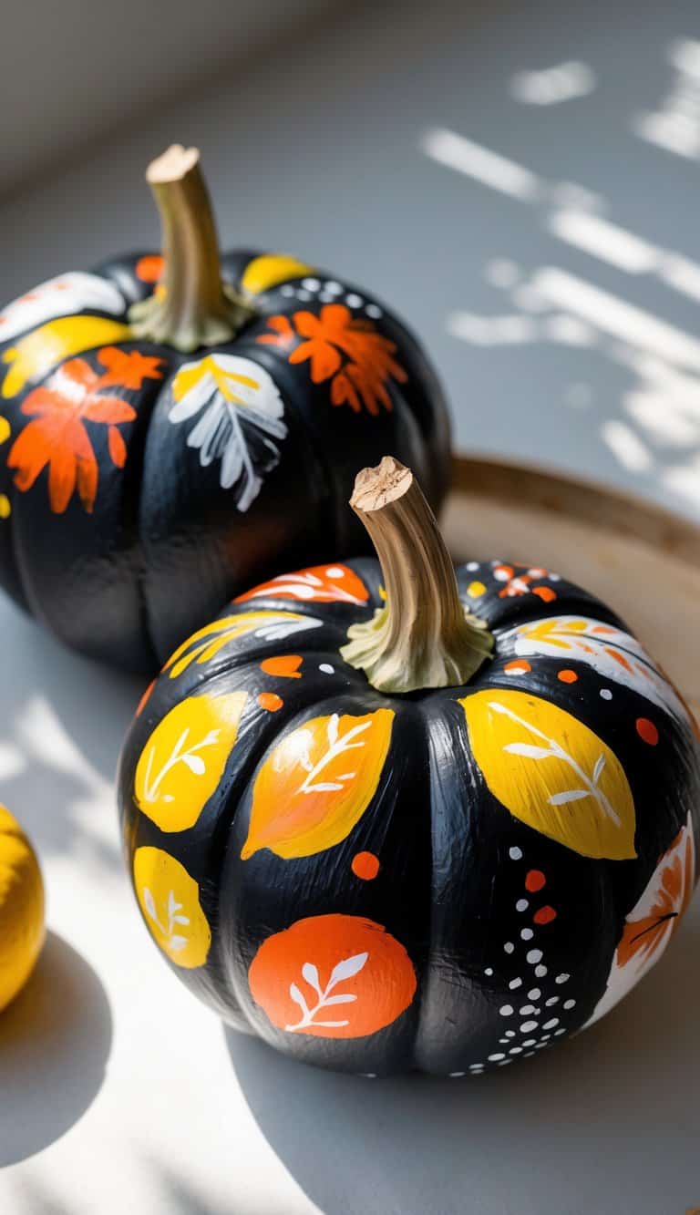 Close-up of one to two pumpkins painted black with colorful seasonal designs on a clean tabletop.