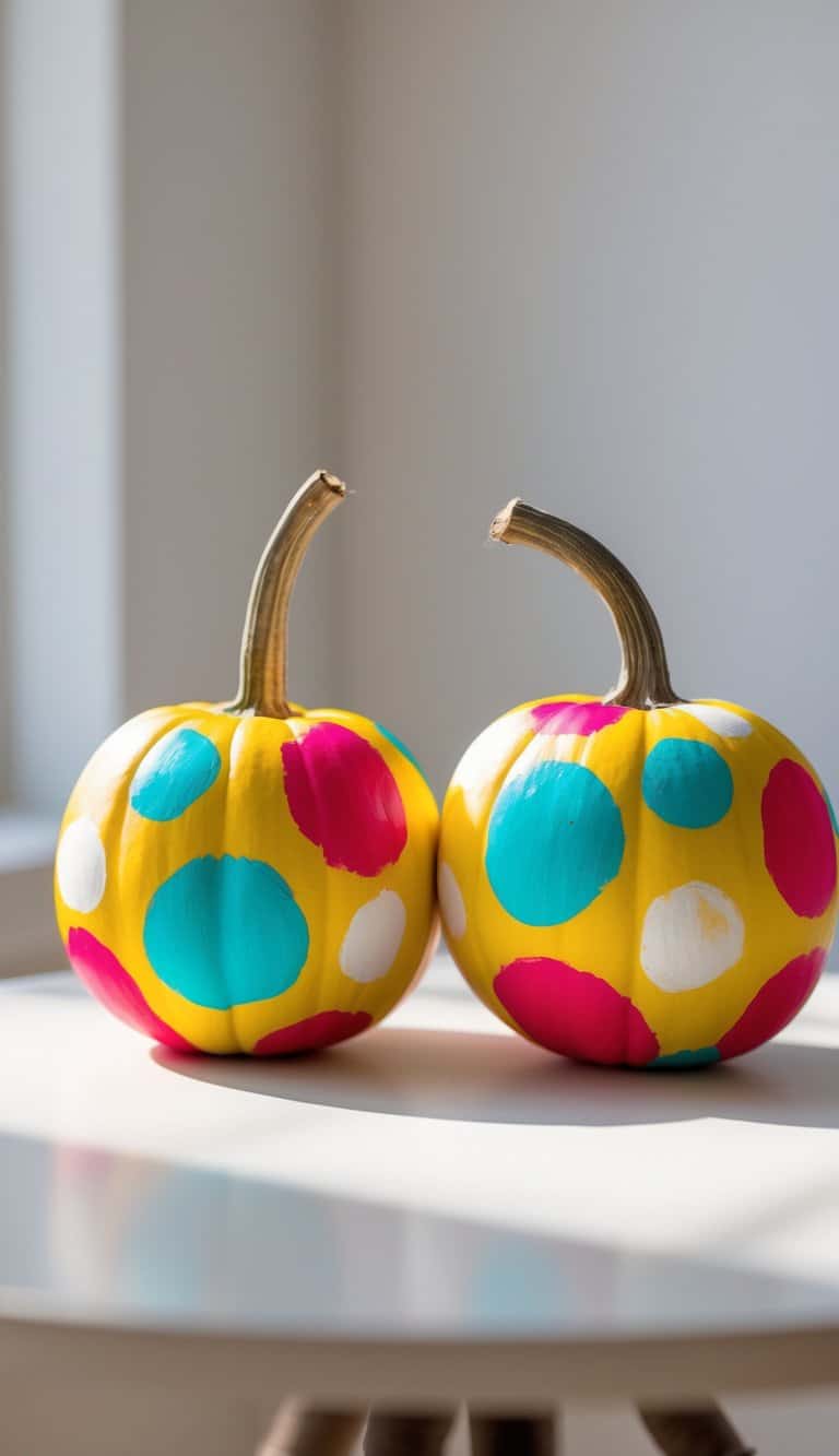 One to two small pumpkins painted with bright polka dots on a clean tabletop under soft daylight.