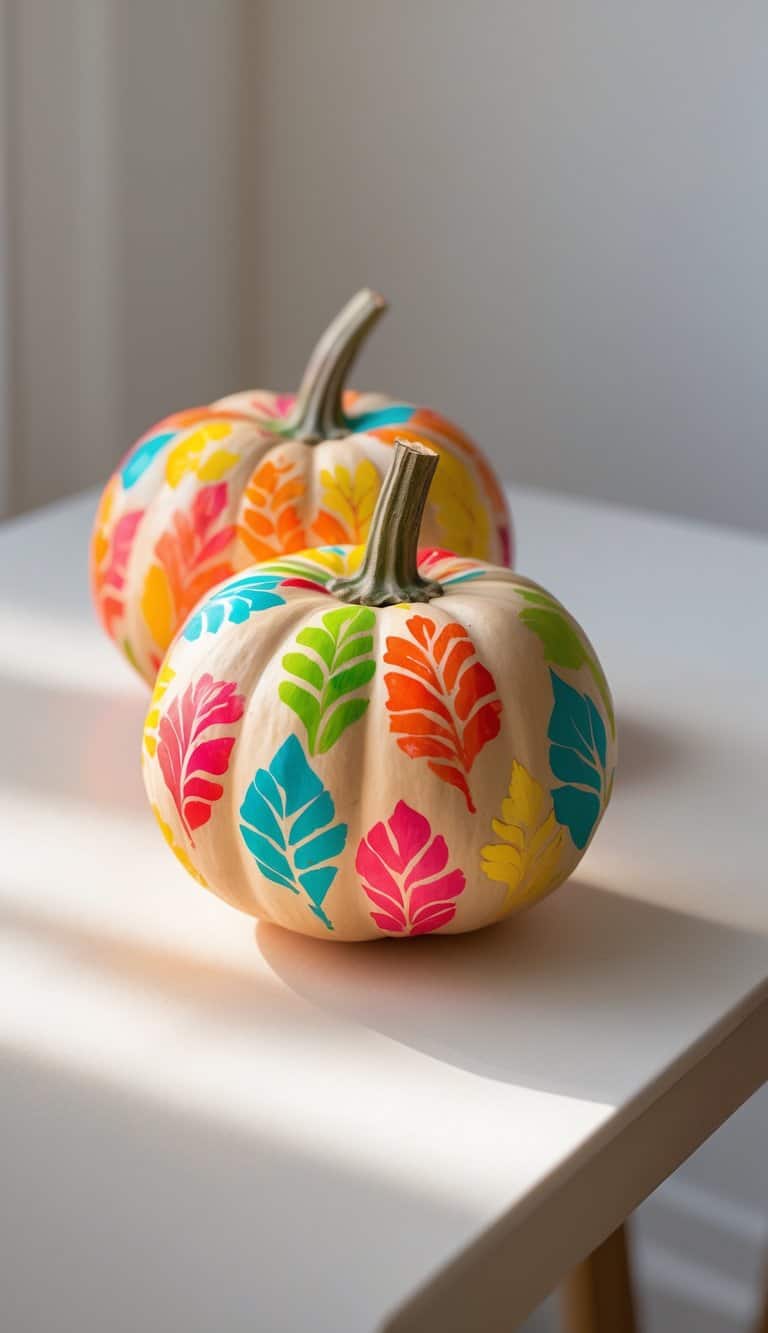 One to two small pumpkins on a tabletop painted with colorful leaf patterns.