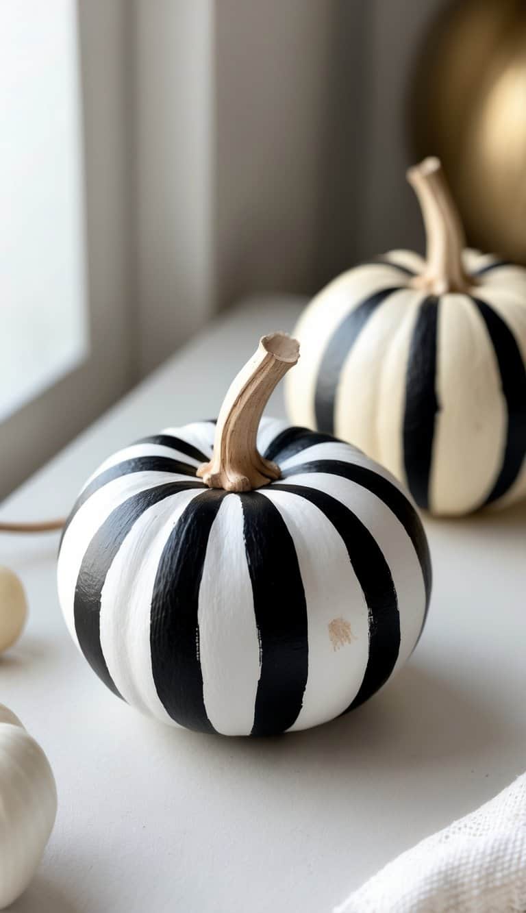 Close-up of one to two small pumpkins painted with black and white stripes on a plain tabletop.