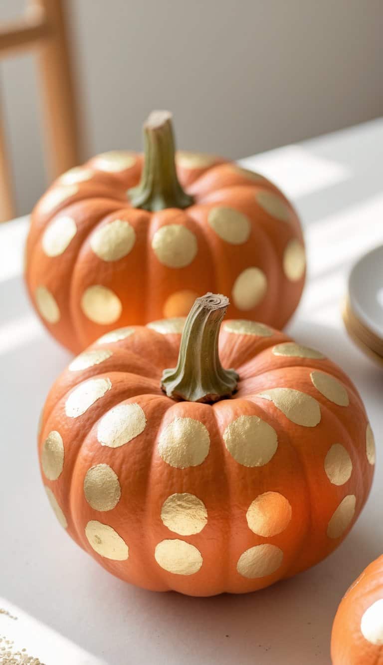 Close-up of one or two small pumpkins painted with gold dots on a clean tabletop.