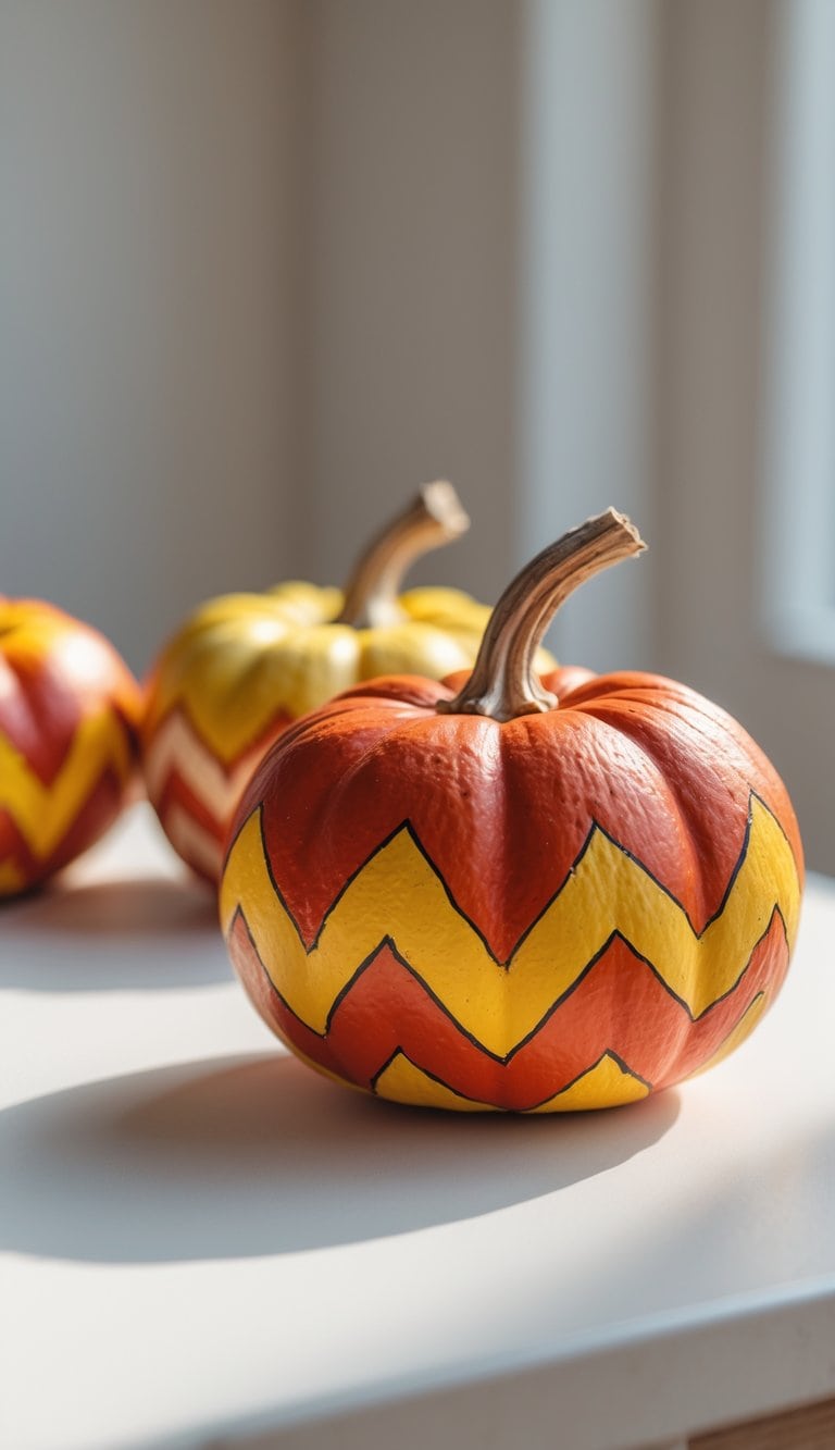 Close-up of one to two small pumpkins painted with bold zigzag patterns in fall colors on a clean tabletop.