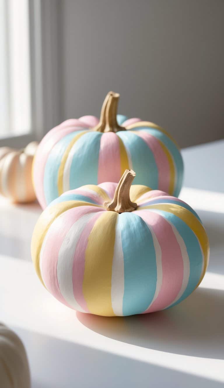 Close-up of one or two pumpkins painted with soft pastel rainbow stripes on a clean tabletop.