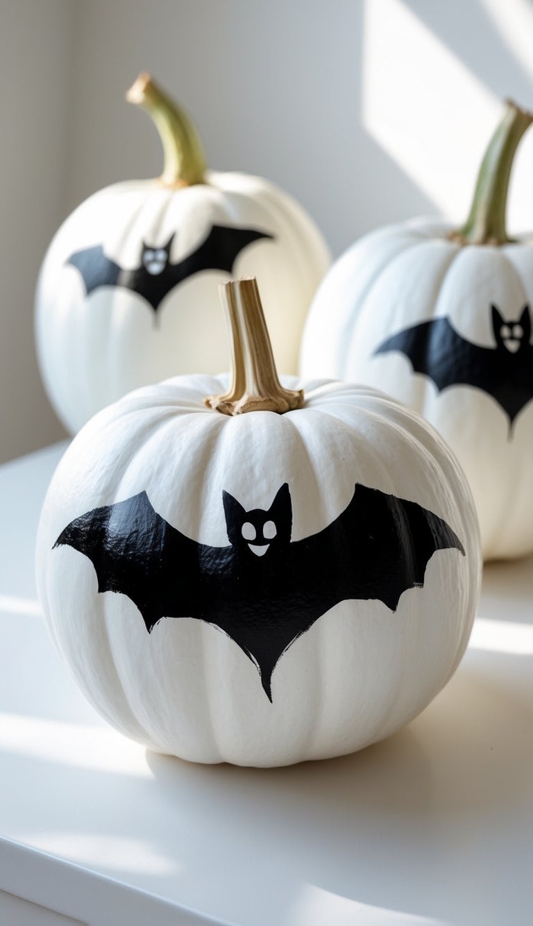 One to two white pumpkins painted with black bat silhouettes on a clean tabletop.