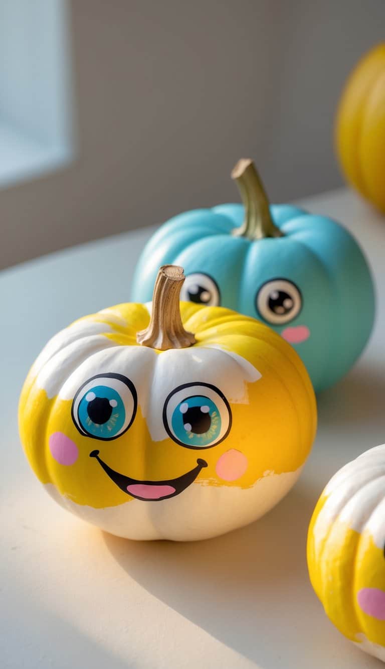 One to two small pumpkins painted with cartoonish eyes and smiles placed on a tabletop.