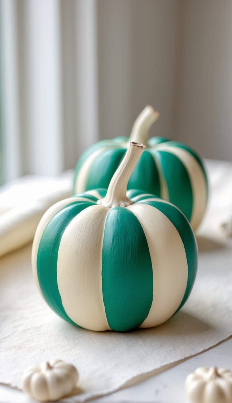 One or two small pumpkins painted with green and cream stripes placed on a table in soft natural light.