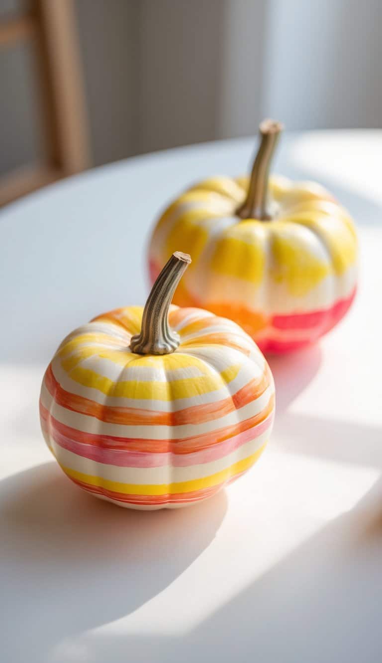 One to two small striped pumpkins painted with colorful designs on a clean tabletop under soft daylight.