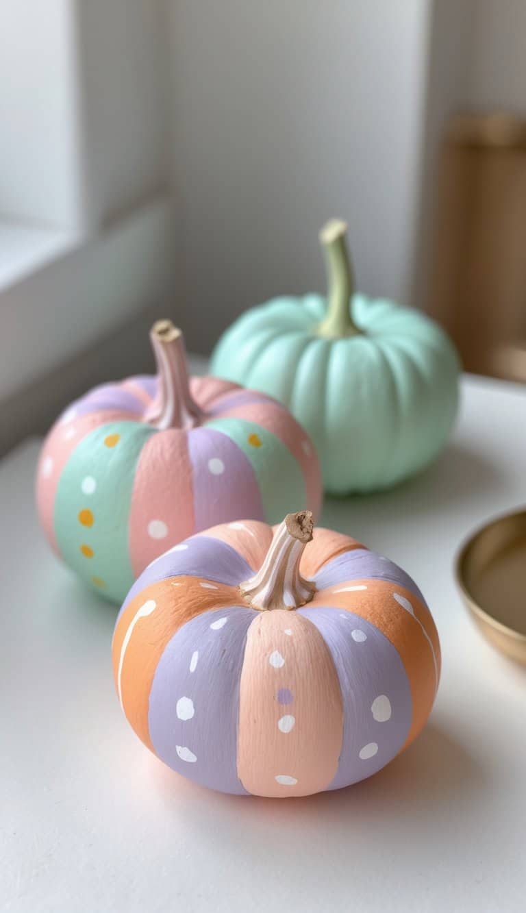 One to two small pumpkins painted with colorful pastel designs on a clean tabletop.