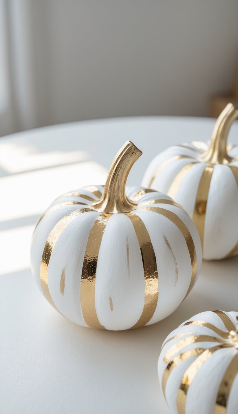 One or two small white pumpkins decorated with gold geometric lines placed on a clean tabletop.