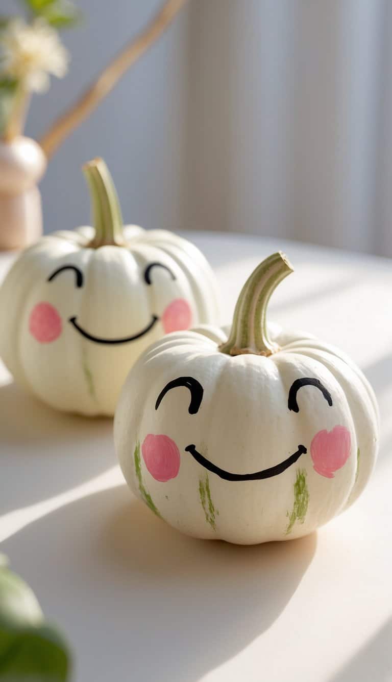 One to two small pumpkins painted with smiley faces and rosy cheeks on a tabletop.