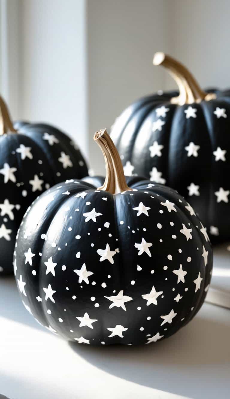 One or two black pumpkins on a table, decorated with tiny white dots resembling stars.