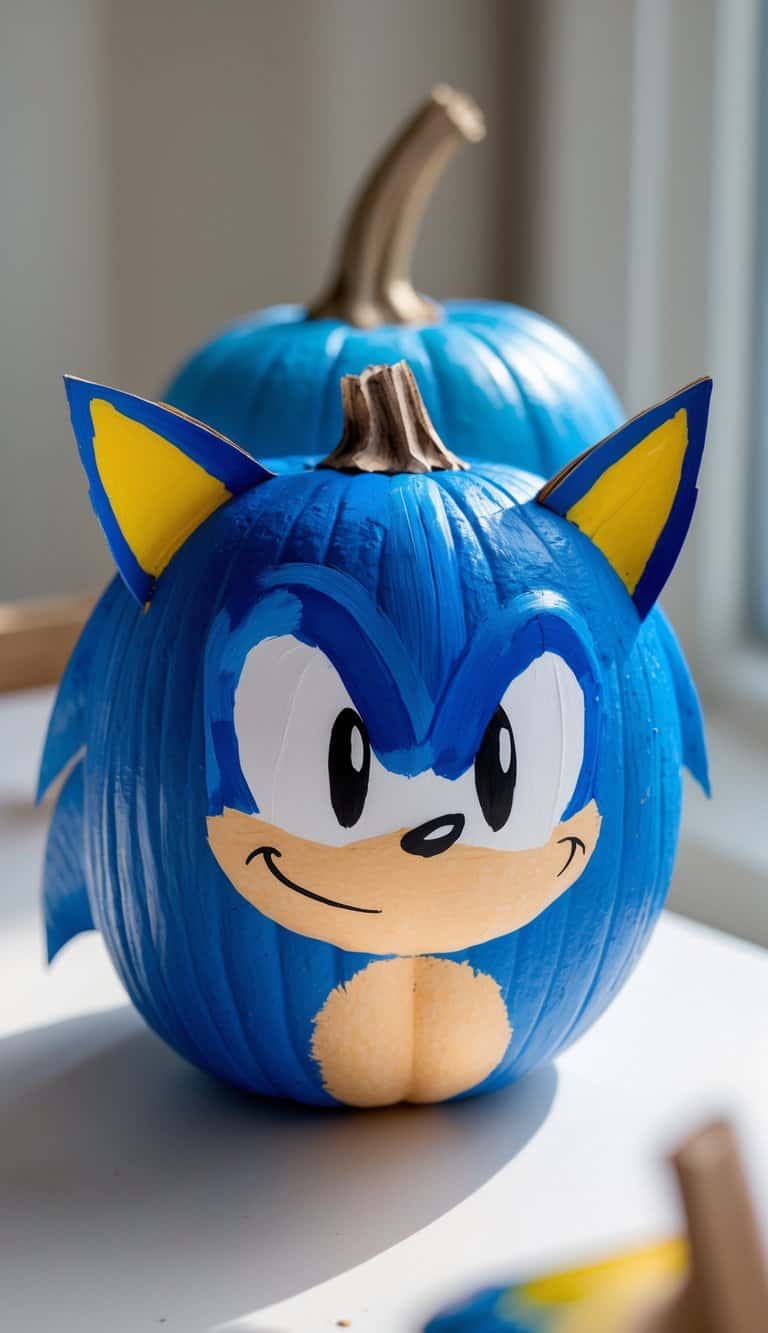 Close-up of one to two painted pumpkins decorated to resemble Sonic the Hedgehog with blue paint and cardstock ears and noses on a clean tabletop.