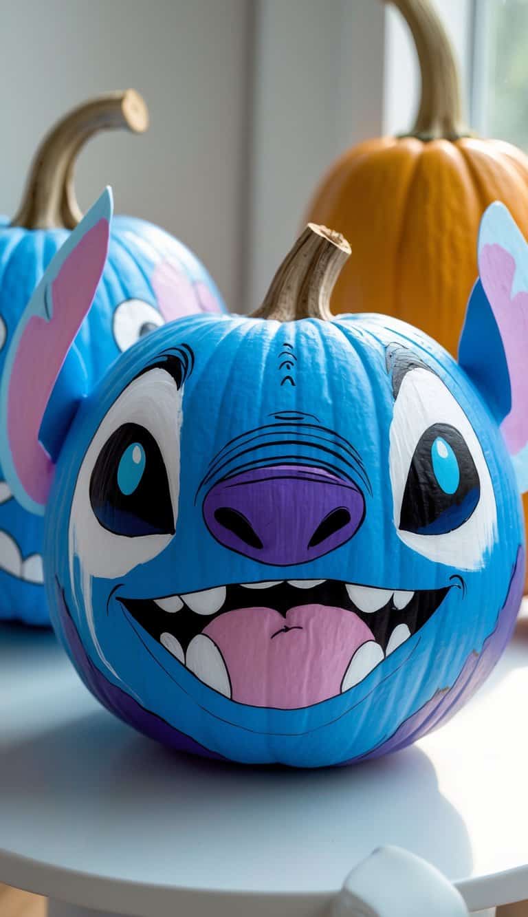 Close-up view of one or two pumpkins painted with colorful, playful Stitch faces on a simple tabletop.