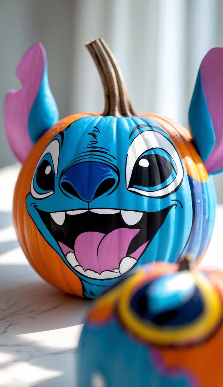 Close-up of one or two pumpkins painted to show Stitch's mischievous smile, placed on a tabletop with soft daylight lighting.
