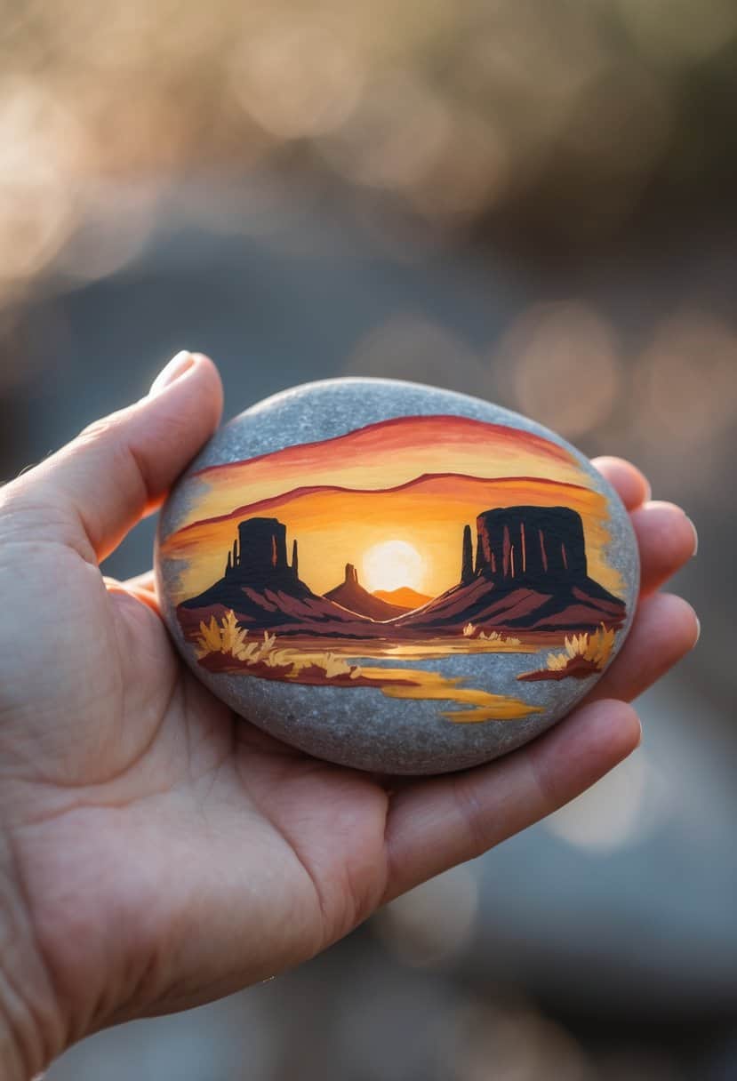 A hand holds a smooth stone painted with a sunset landscape featuring mesas, rock formations, and a river, resembling a desert scene. Warm colors like orange, yellow, and red dominate the artwork.